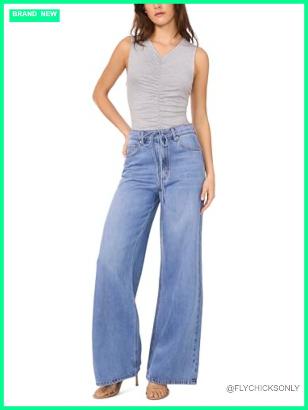 Wide Leg Tie Waist High Rise Jeans Regular Fit Button Closure